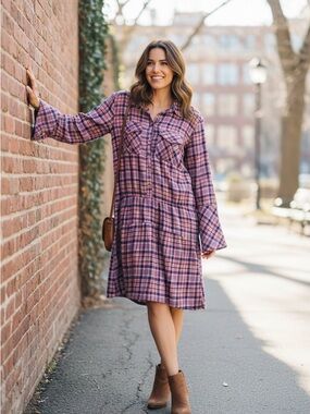 Free People Pink and Purple Plaid Long-Sleeve Shirt Dress